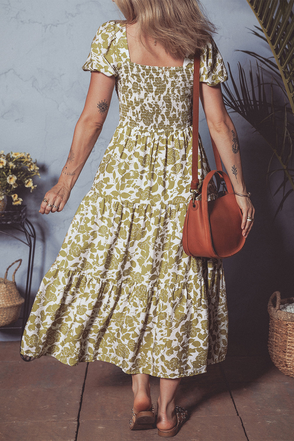 Floral Square Neck Smocked Bust Puff Sleeve Tiered Maxi Dress eAura