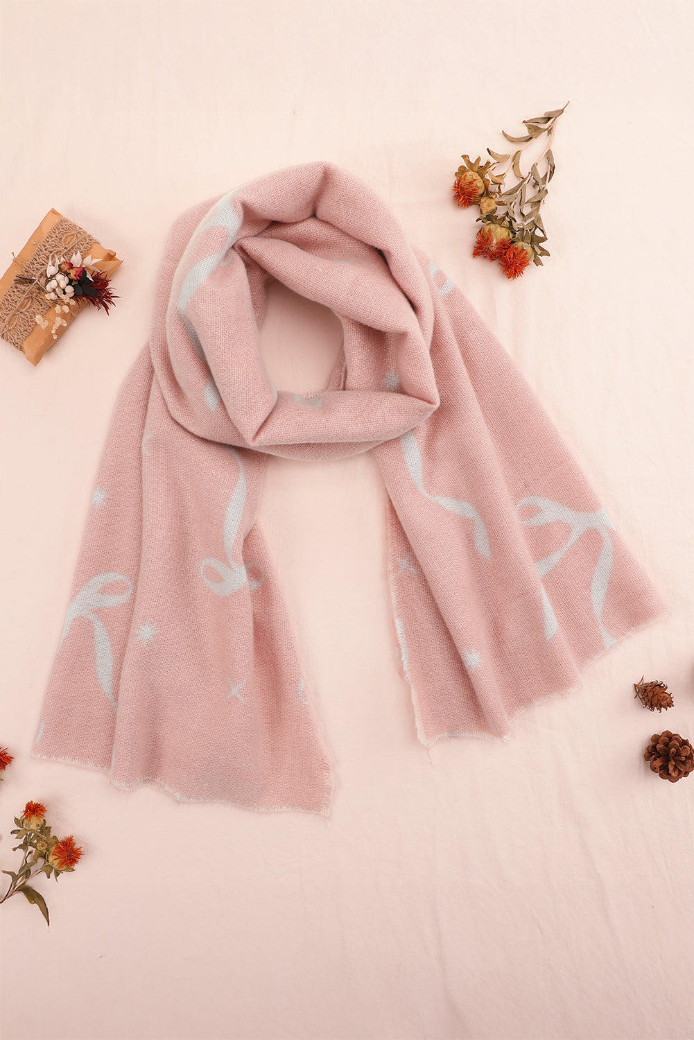 Bow Print Raw Edge Lightweight Scarf Shewin
