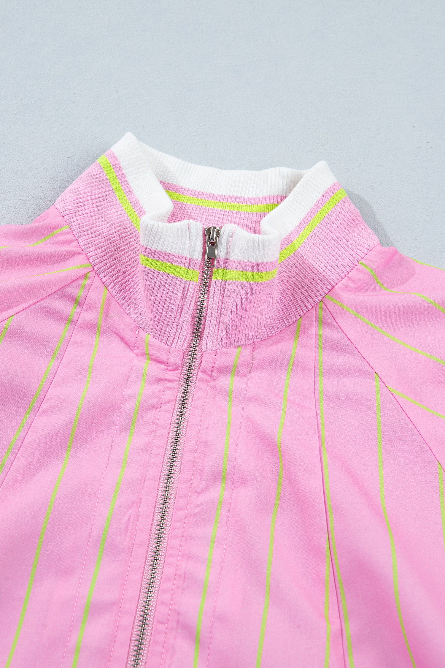 Striped V-Neck Half Sleeve Zipper Ribbed Cuff Casual Shift Blouse – Pink Stripe