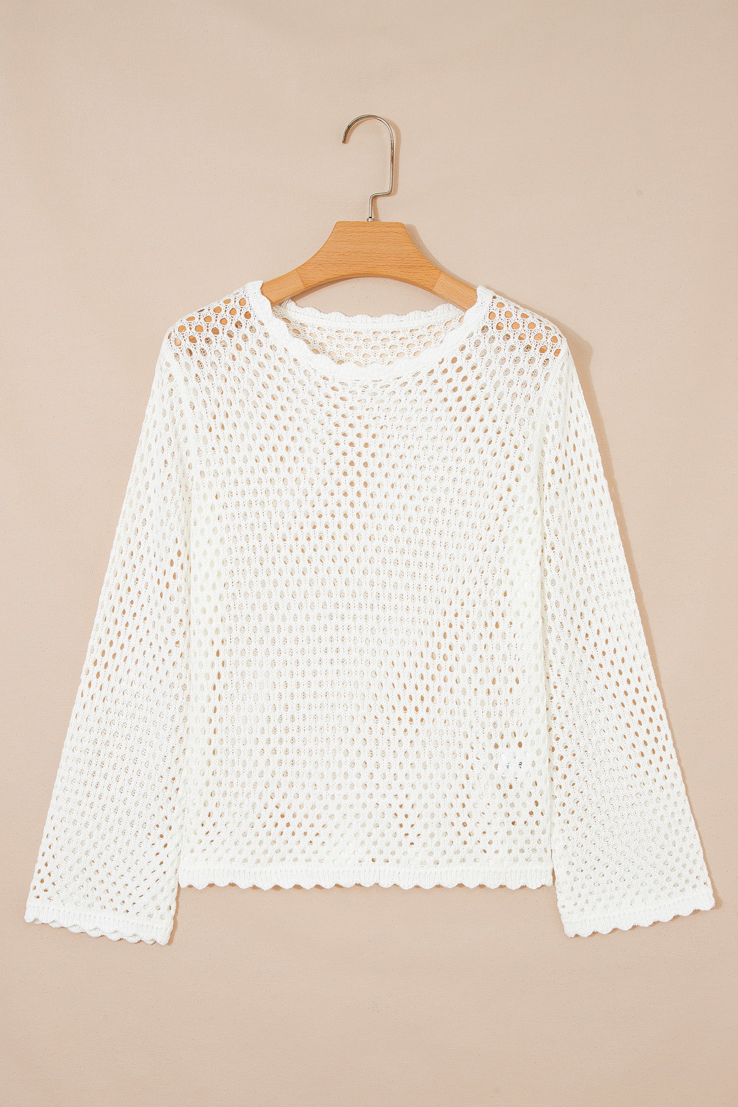 Scalloped Trim Hollow Out Knit Long Sleeve Top – Yellow Cream