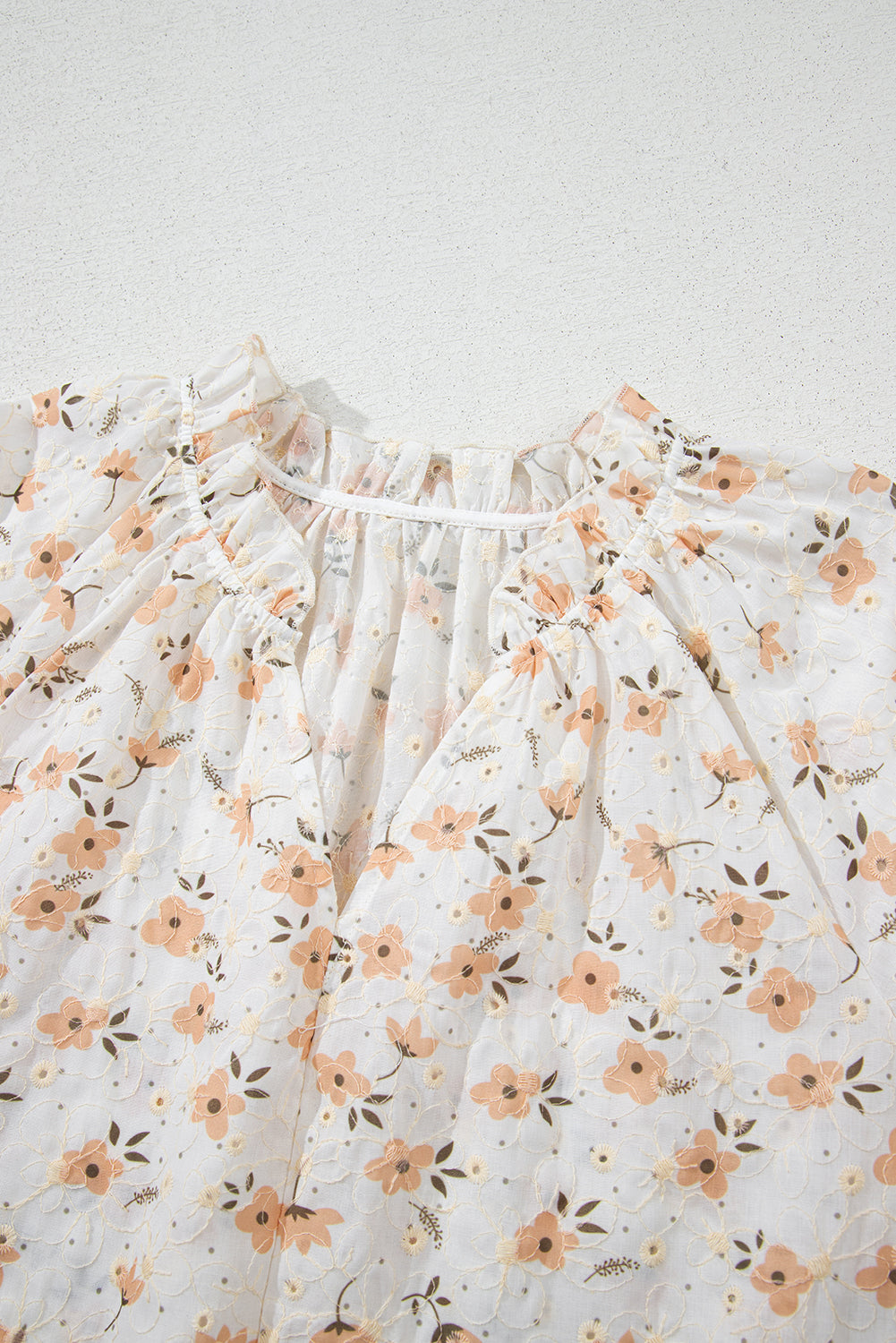 White Floral Eyelet Embroidered Puff Sleeve Notch V Neck Blouse eAura