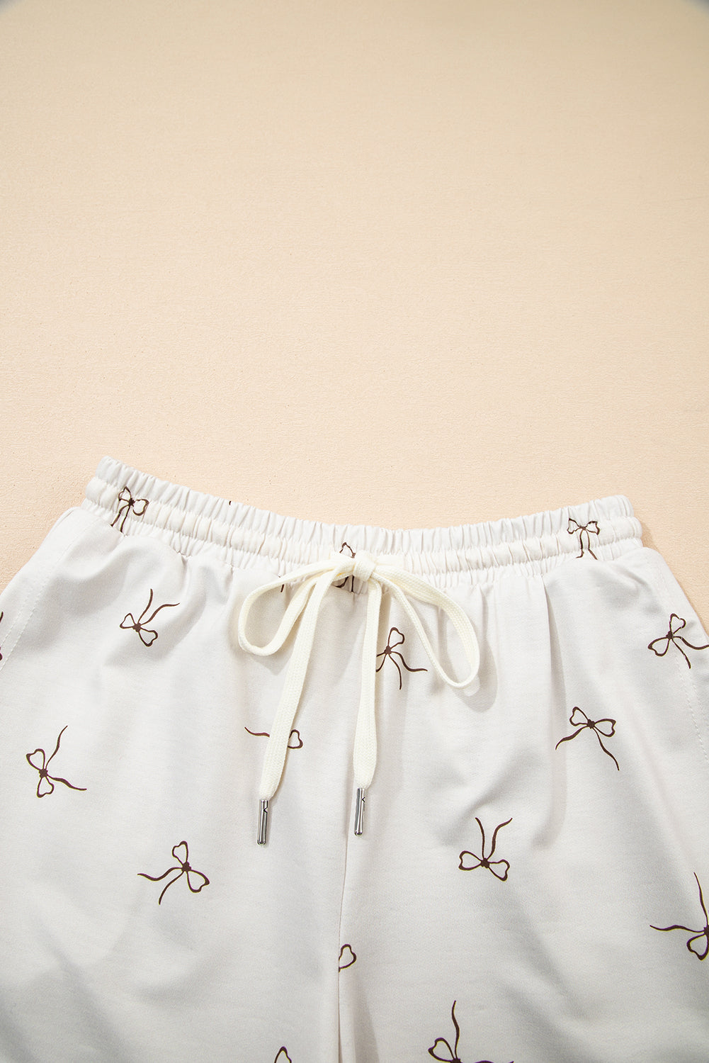 Beige Bow Print Half Zip Tank and Shorts 2pcs Set eAura
