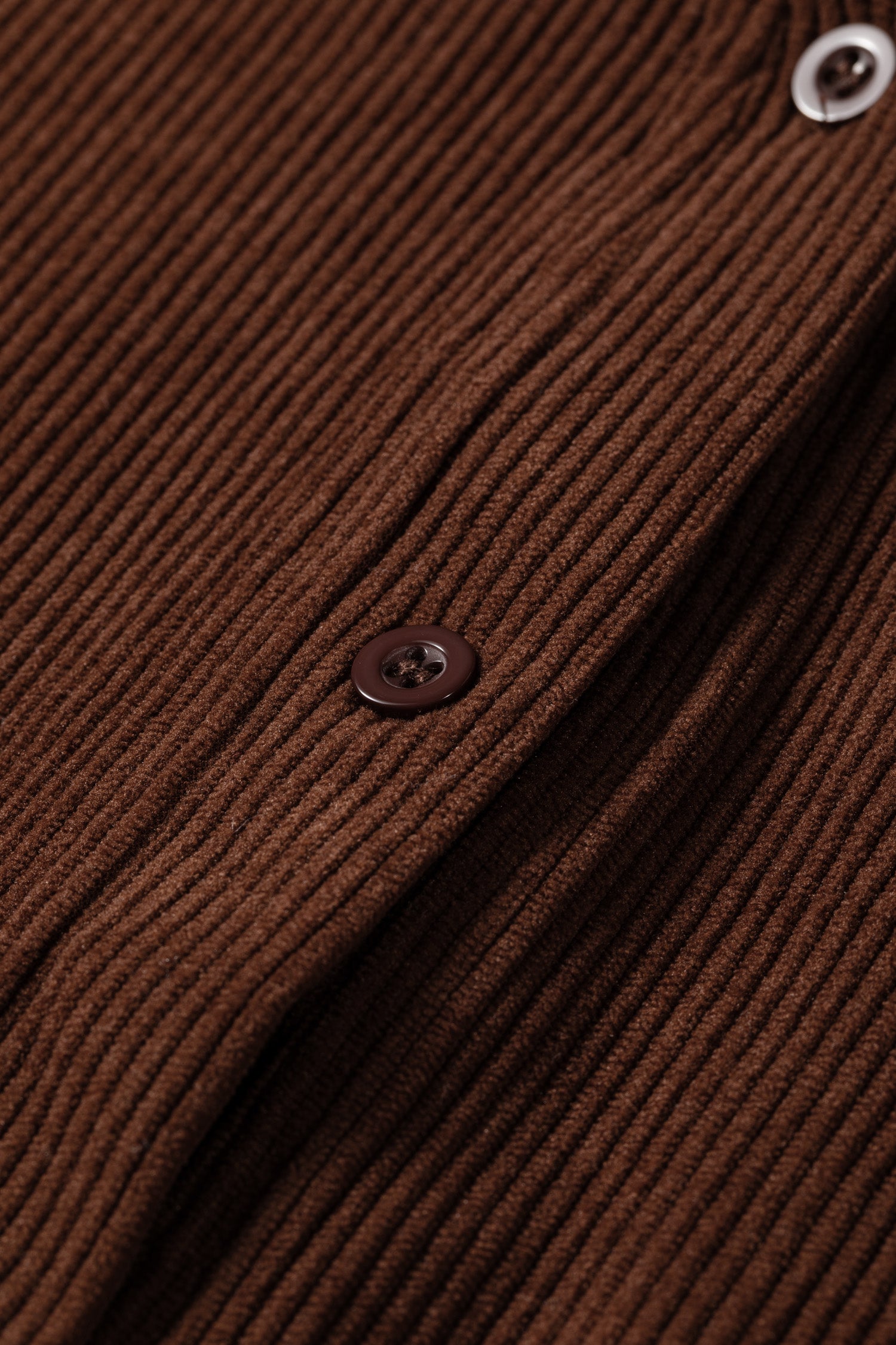 Coffee Solid Color Ruffle Trim V Neck Long Sleeve Button Corduroy Shakcet – Brown