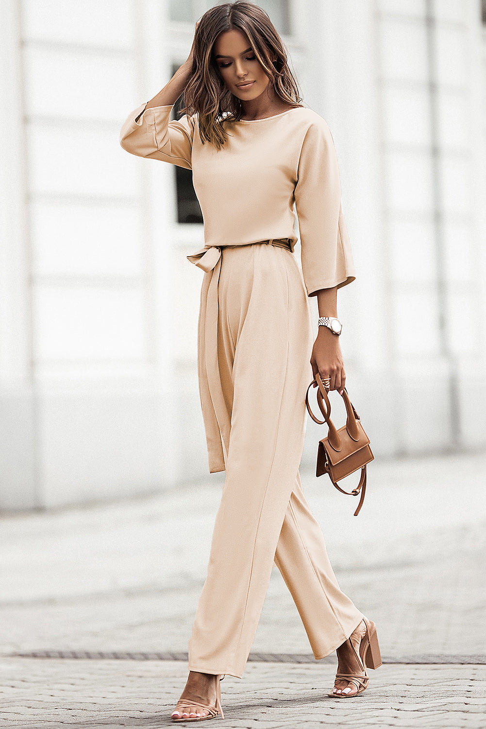 Apricot Bracelet Sleeve Waist Tie Wide Leg Jumpsuit eAura