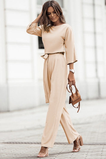 Apricot Bracelet Sleeve Waist Tie Wide Leg Jumpsuit eAura