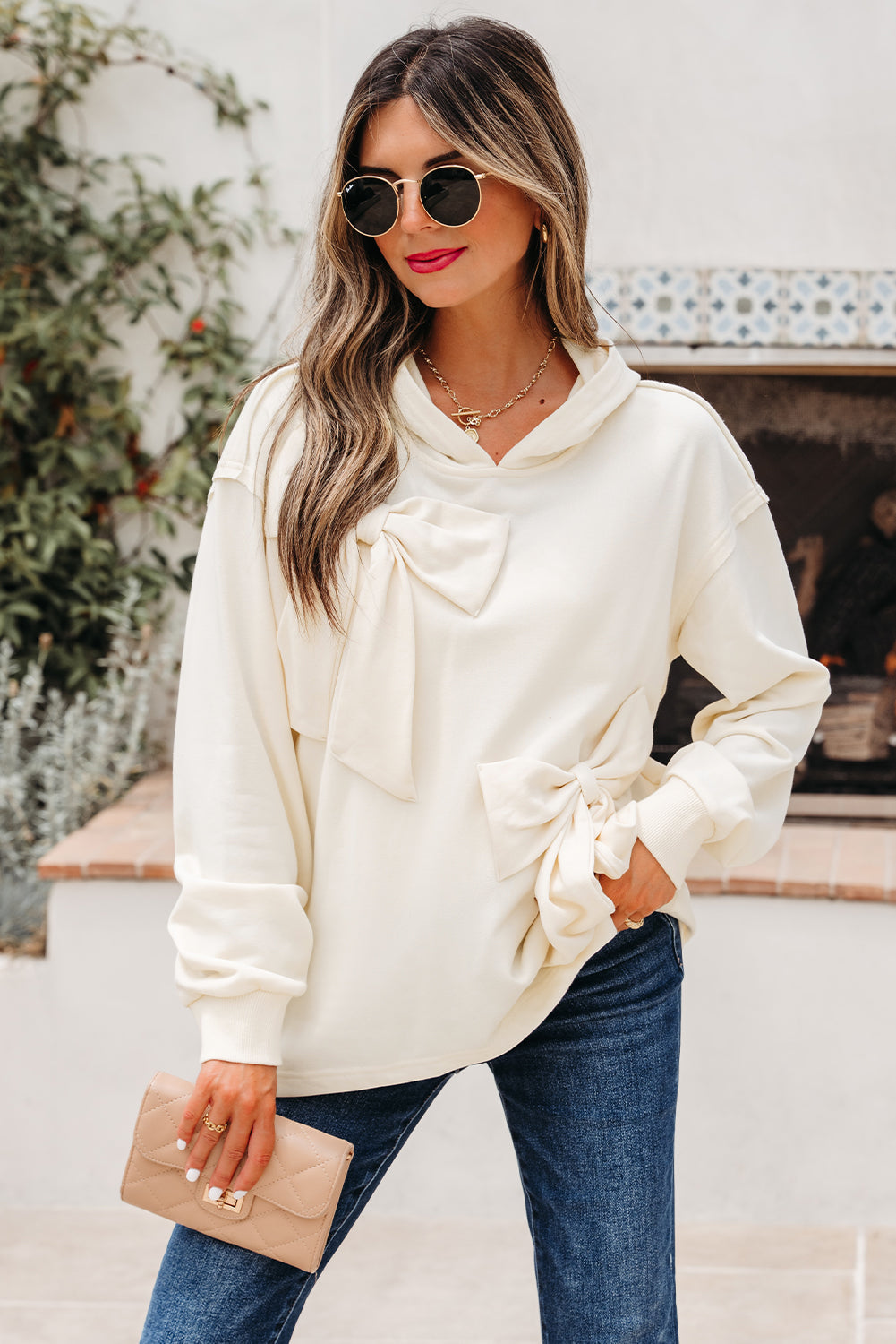 White Cute Bow Detail Baggy Hoodie eAura