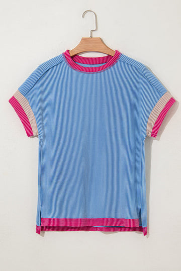Textured Contrast Trim Round Neck T-Shirt eAura