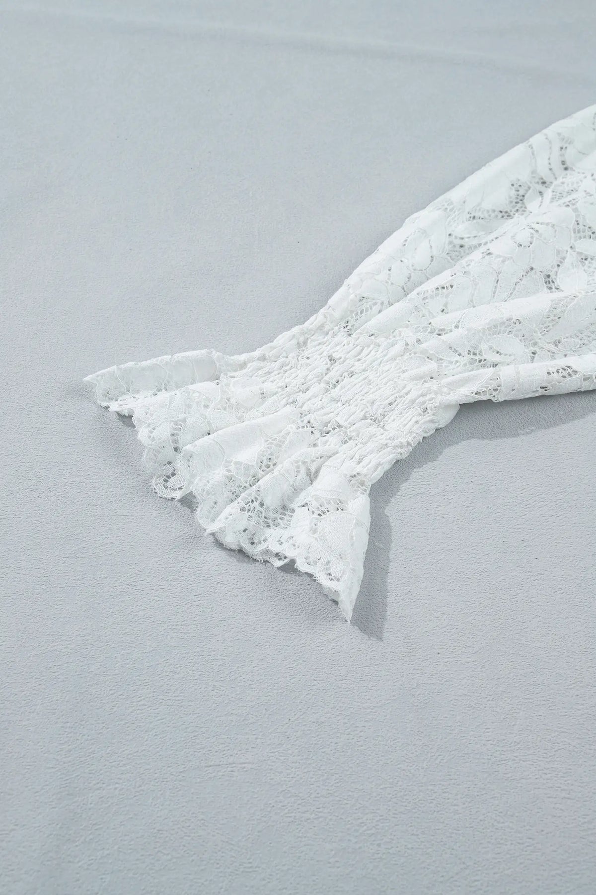 Ruffled Round Neck Long Flounce Sleeve Sheer Lace Blouse – White
