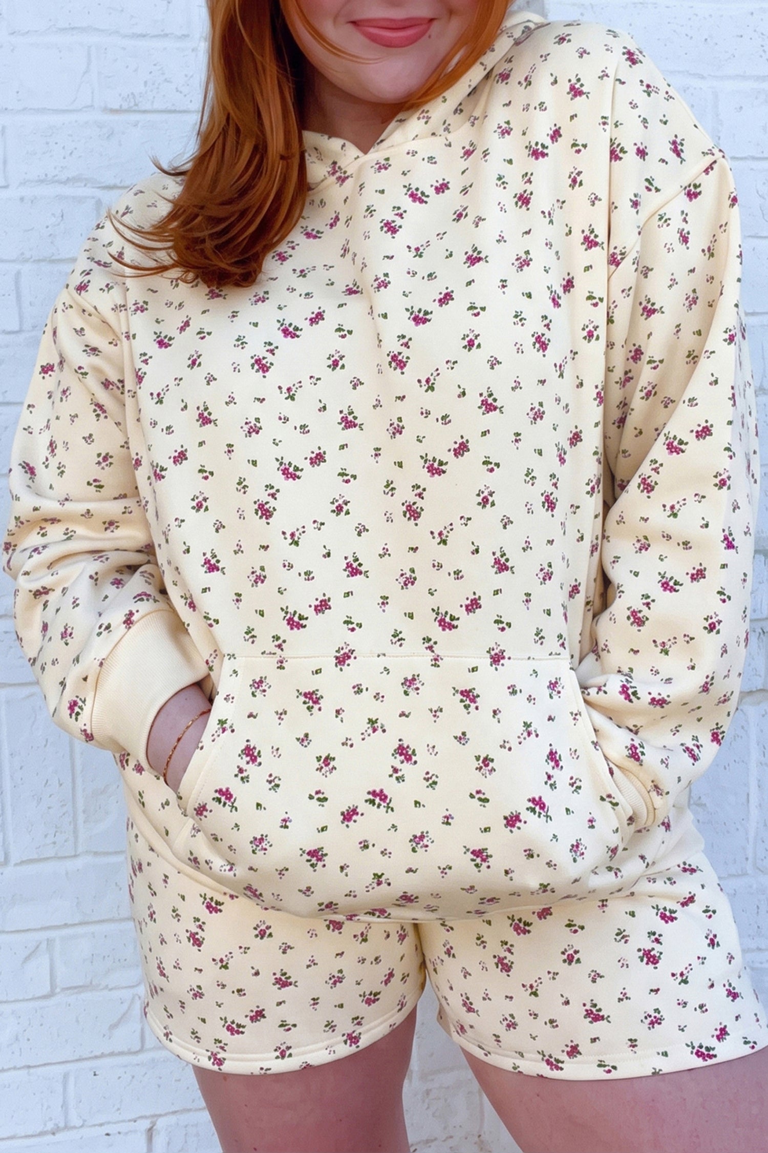 Floral Print Hooded Long Sleeve Plus Size Set – Beige