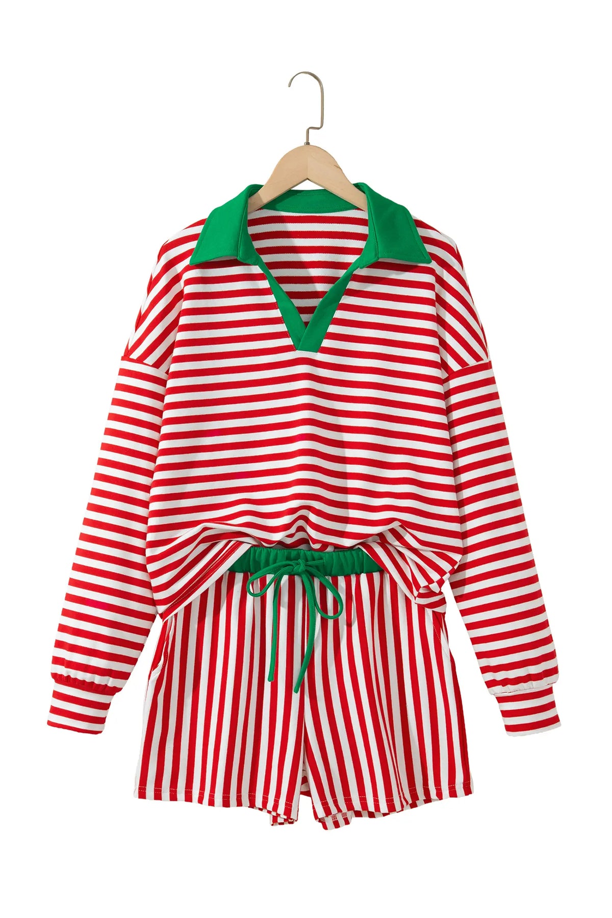 Colourblock Trim Polo Collar Drawstring Elastic Waist Band Casual 2pcs Outfit – Red Stripe