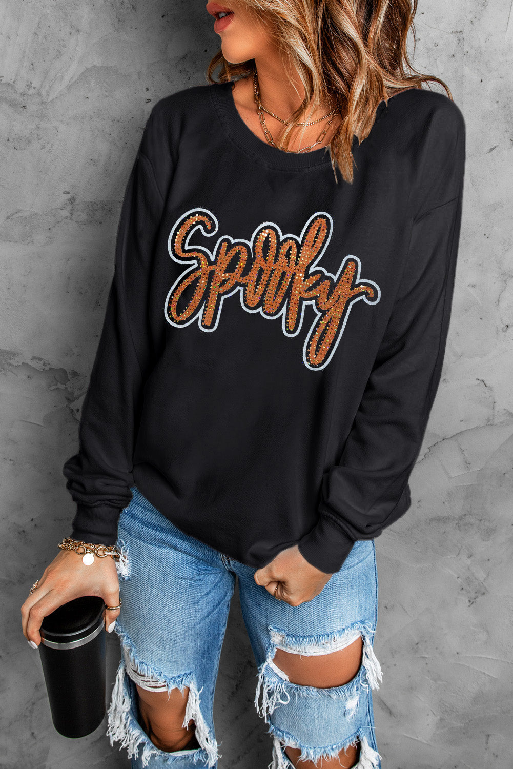 Spooky Rhinestone Drop Shoulder Graphic Sweatshirt – Black