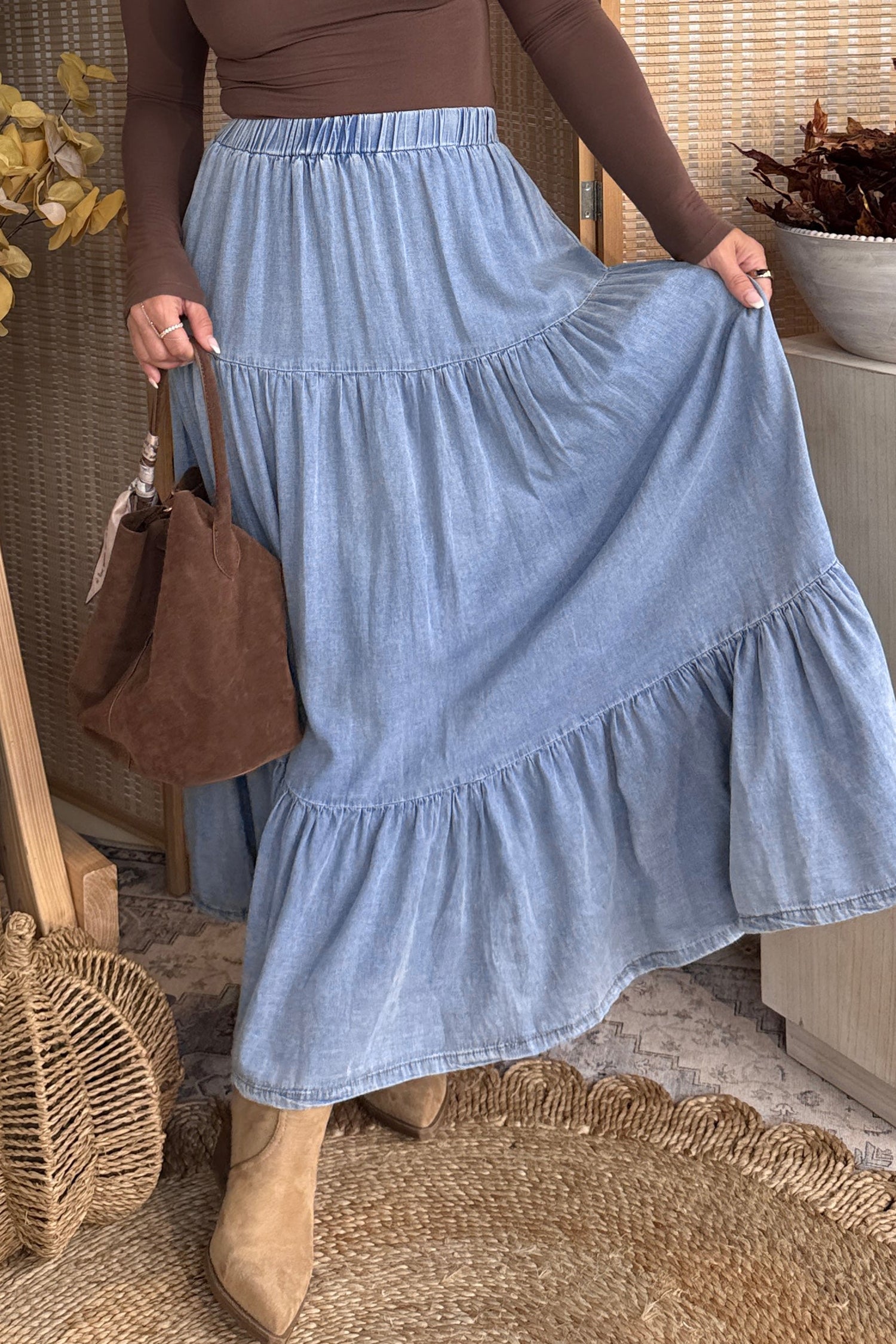 Elastic Waist Ruffled Tiered Flared Denim Maxi Skirt