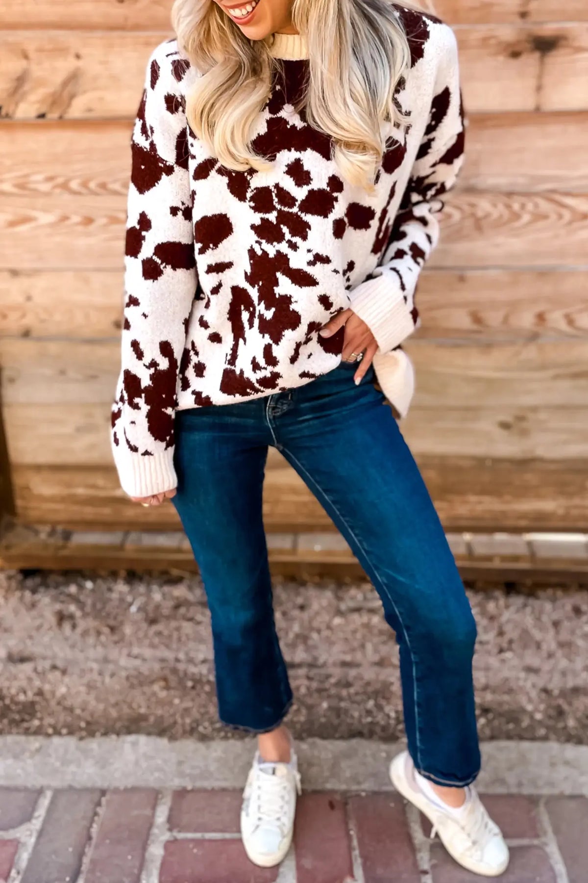 Western Print Cow Pattern Long Sleeve Round Neck Pullover Knitwear Sweater