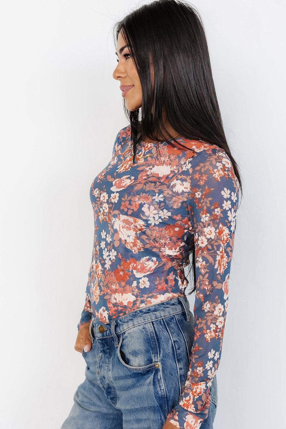Orchid Petal Floral Print Mesh Fitted Long Sleeve Top eAura