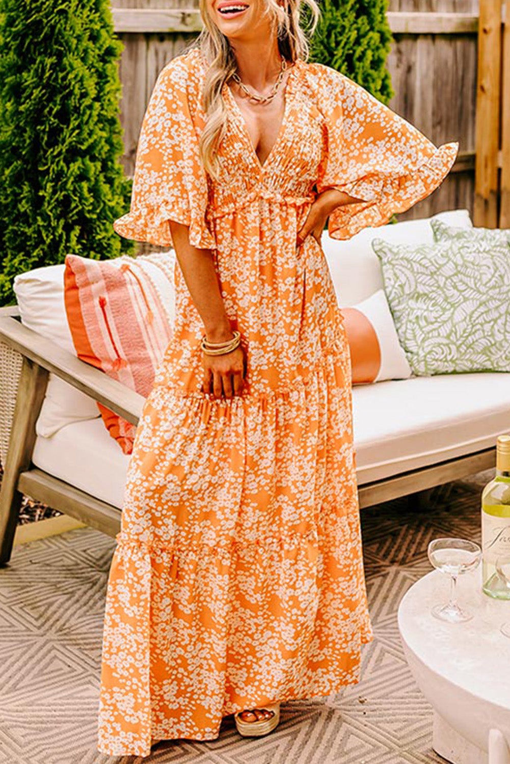 Orange Floral Print Smocked V Neck Wide Sleeve Maxi Dress BB Fashion Outlet