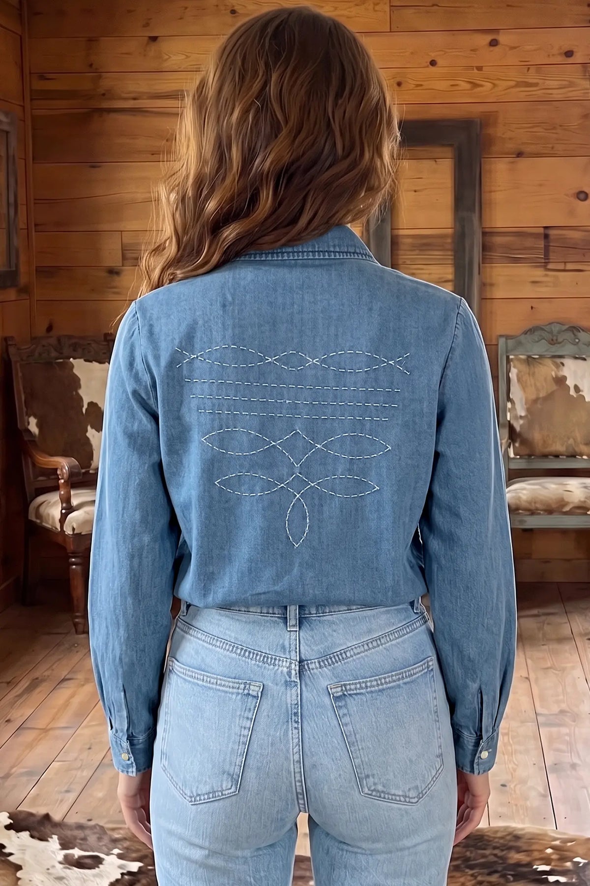 Embroidered Western Detail Long Sleeve Collar Shirt – Blue