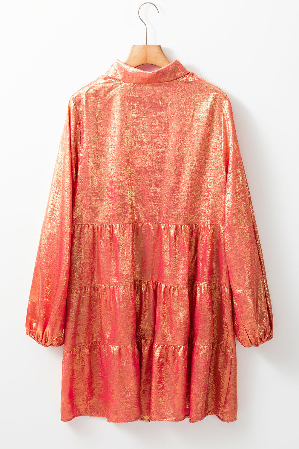Peach Blossom Metallic Sheen Puff Sleeve Button Up Mini Shirt Dress eAura