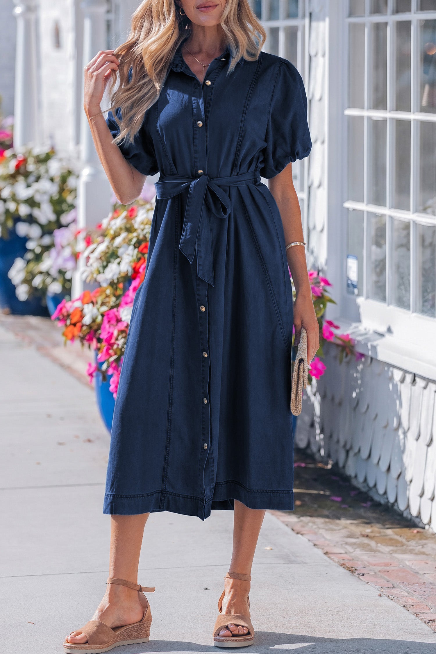 Full Button Collared Bubble Sleeve Long Denim Dress