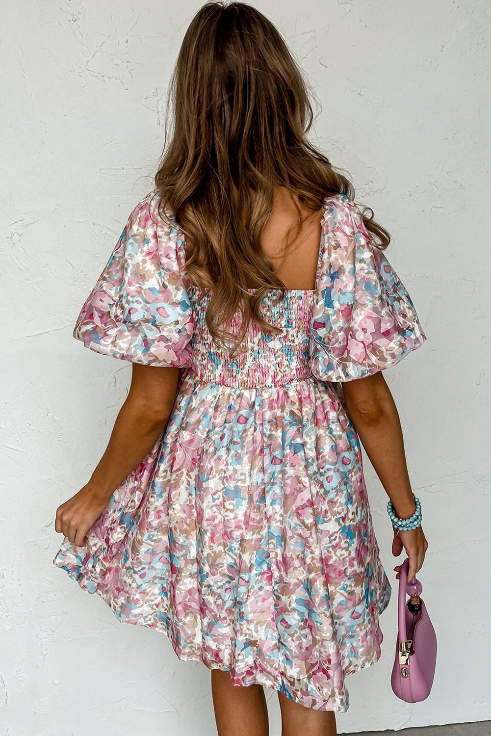 Pink Floral Puff Sleeve Square Neck Smock Ruffled Dress eAura