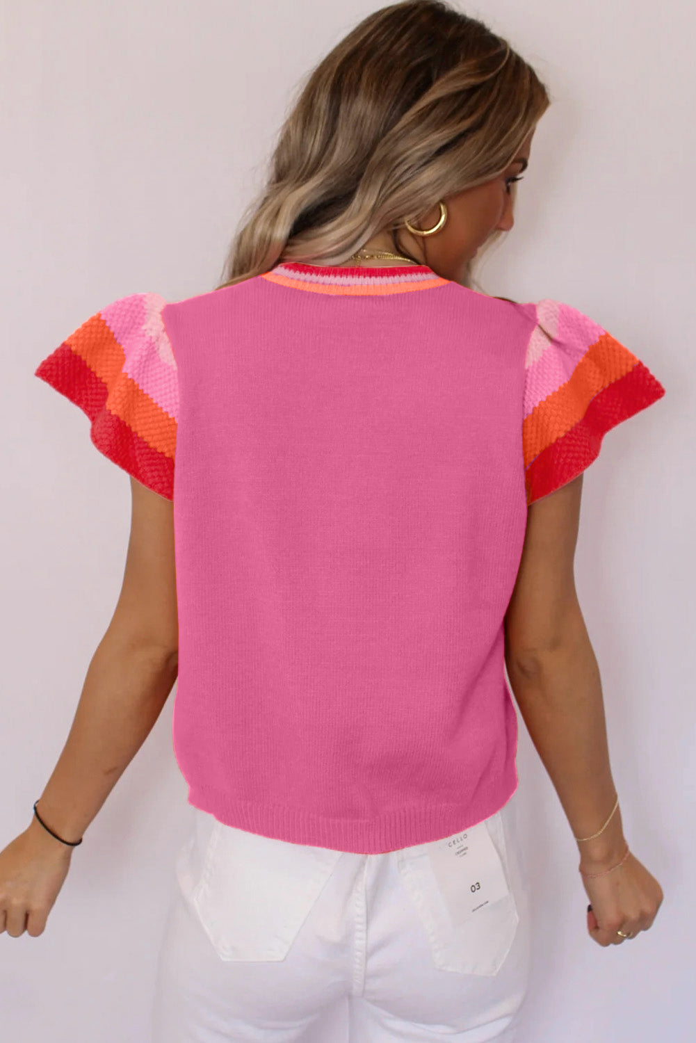 Turquoise Contrast Flutter Sleeves Knitted Sweater T Shirt eAura