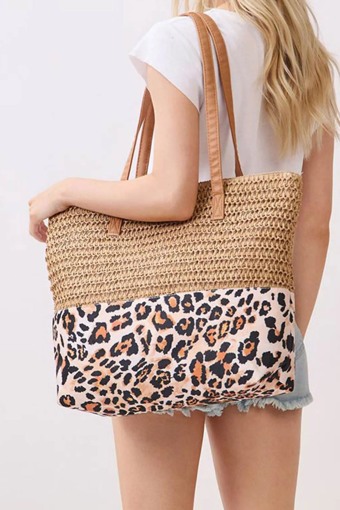 Straw Woven Leopard Patchwork Large Tote Bag