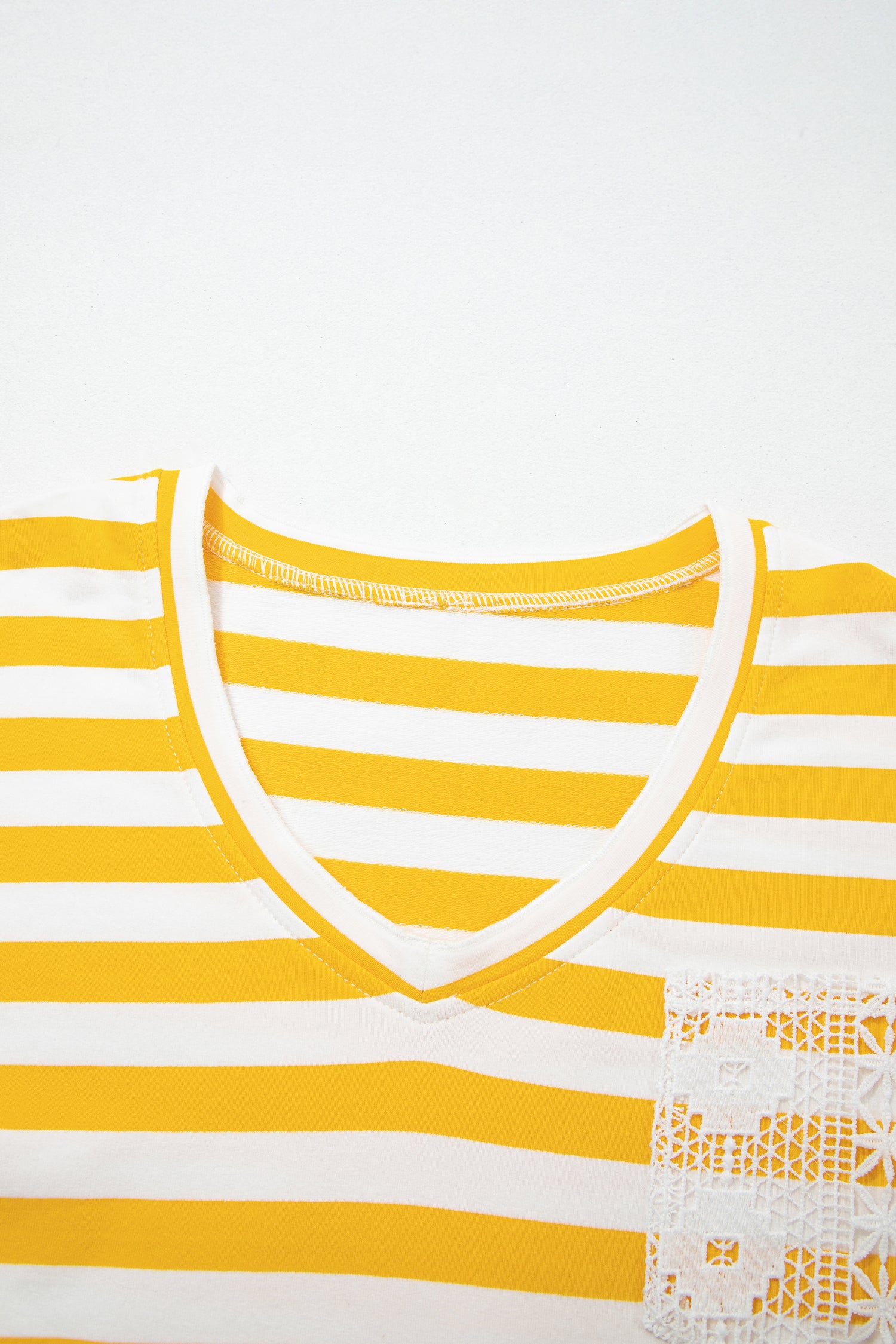 Striped Lace Patchwork V Neck Long Sleeve Top – Yellow Stripe