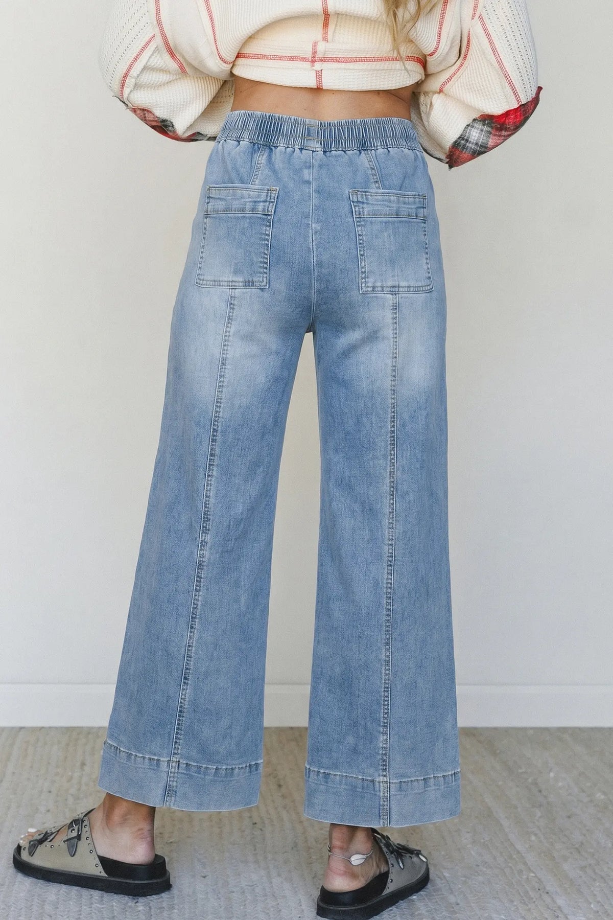 Beau Drawstring Waist Wide Leg Ankle Length Jeans