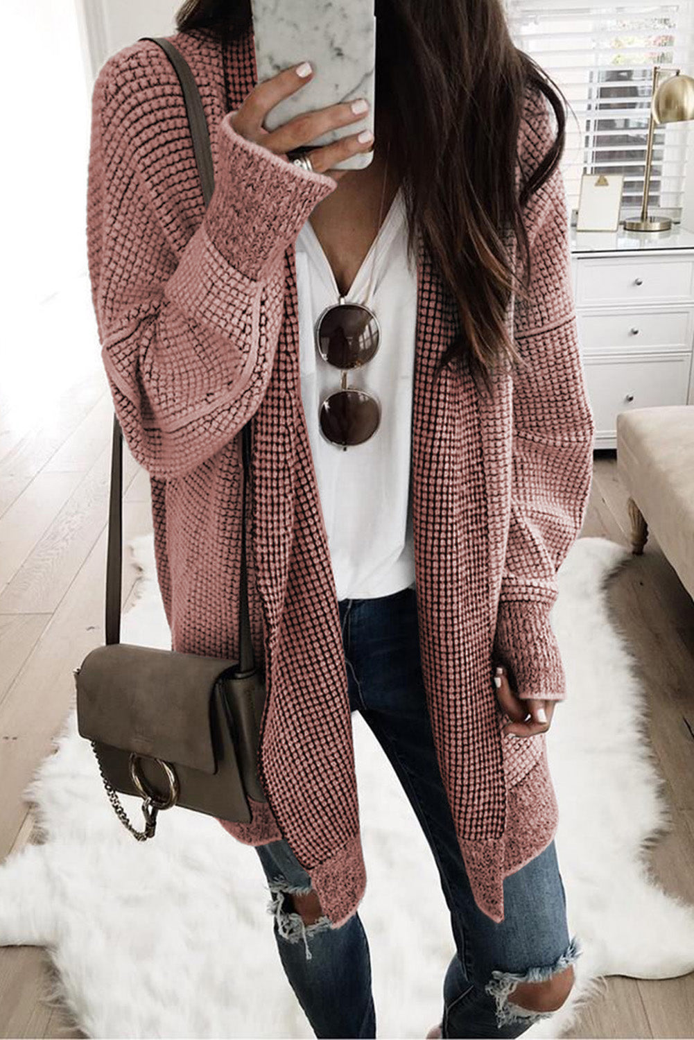 Rose Plaid Knitted Long Open Front Cardigan BB Fashion Outlet