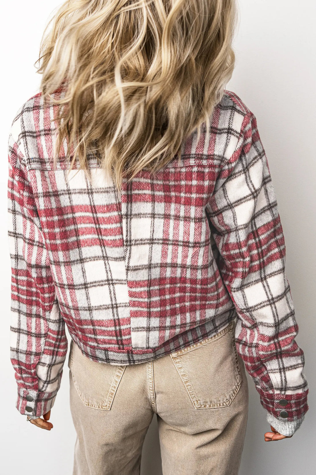 Jacket Plaid Flannel Metal Button Collar Long Sleeve Shift