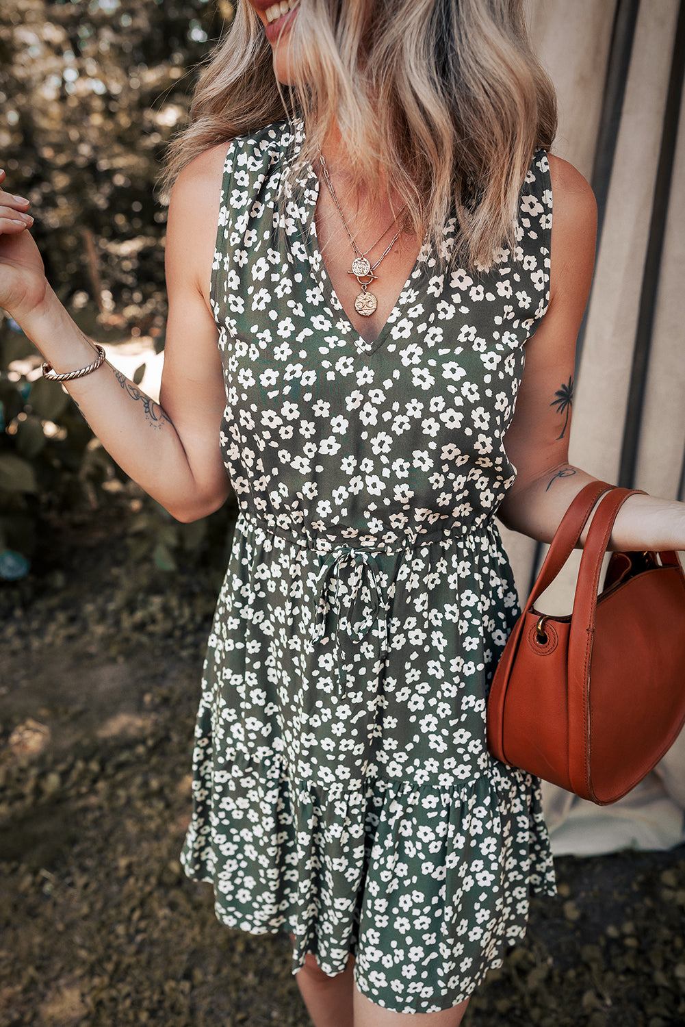 Boho Floral Print V-Neck Knot Waist Sleeveless Dress