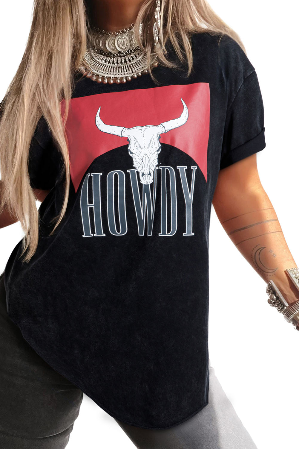 Black Western HOWDY Steer Head Print Side Slits Loose Fit T Shirt eAura