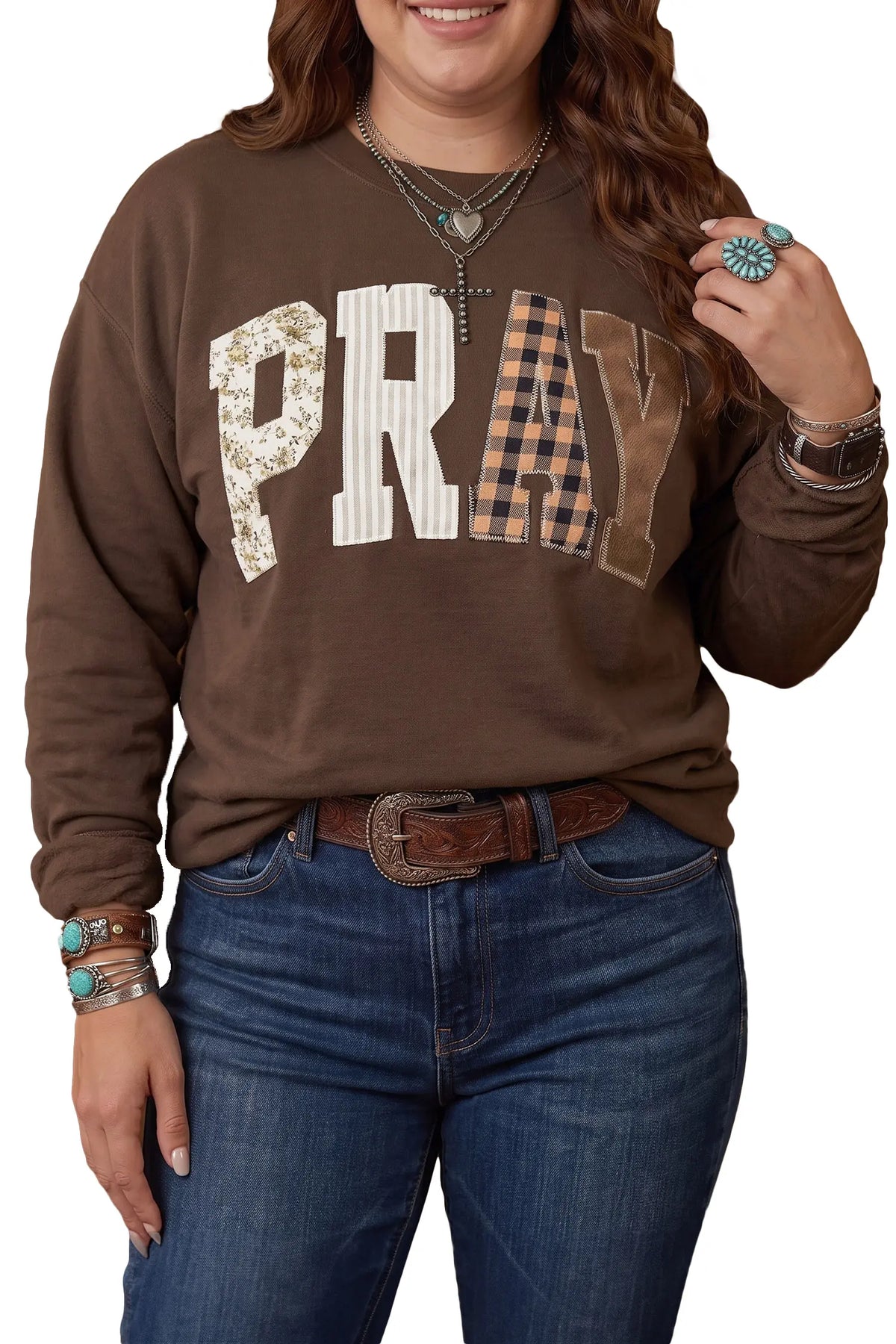 Coffee PRAY Letter Patchwork Round Neck Long Sleeve Plus Size Sweatshirt – Brown