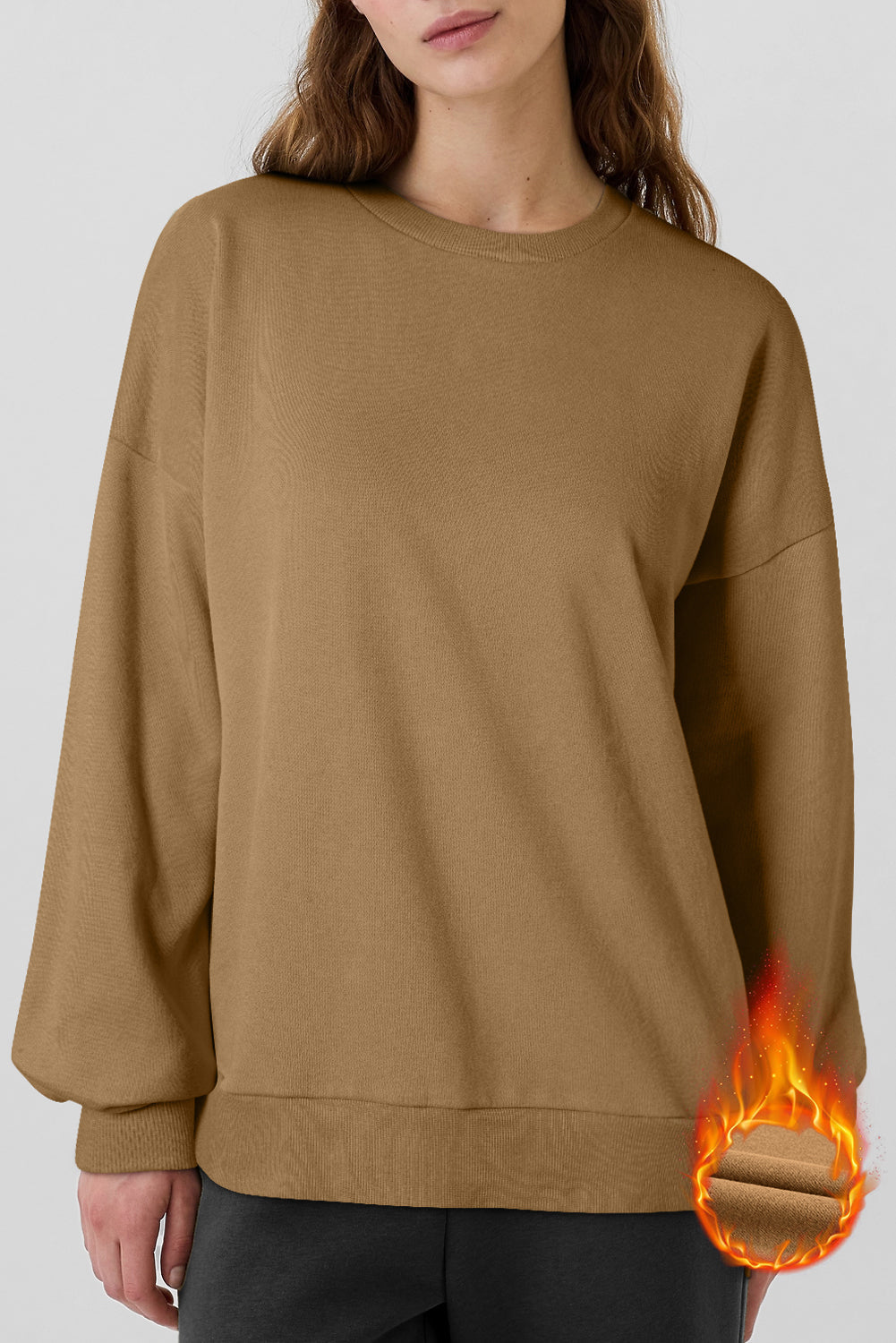 Camel Solid Fleece Lined Drop Shoulder High Low Sweatshirt eAura