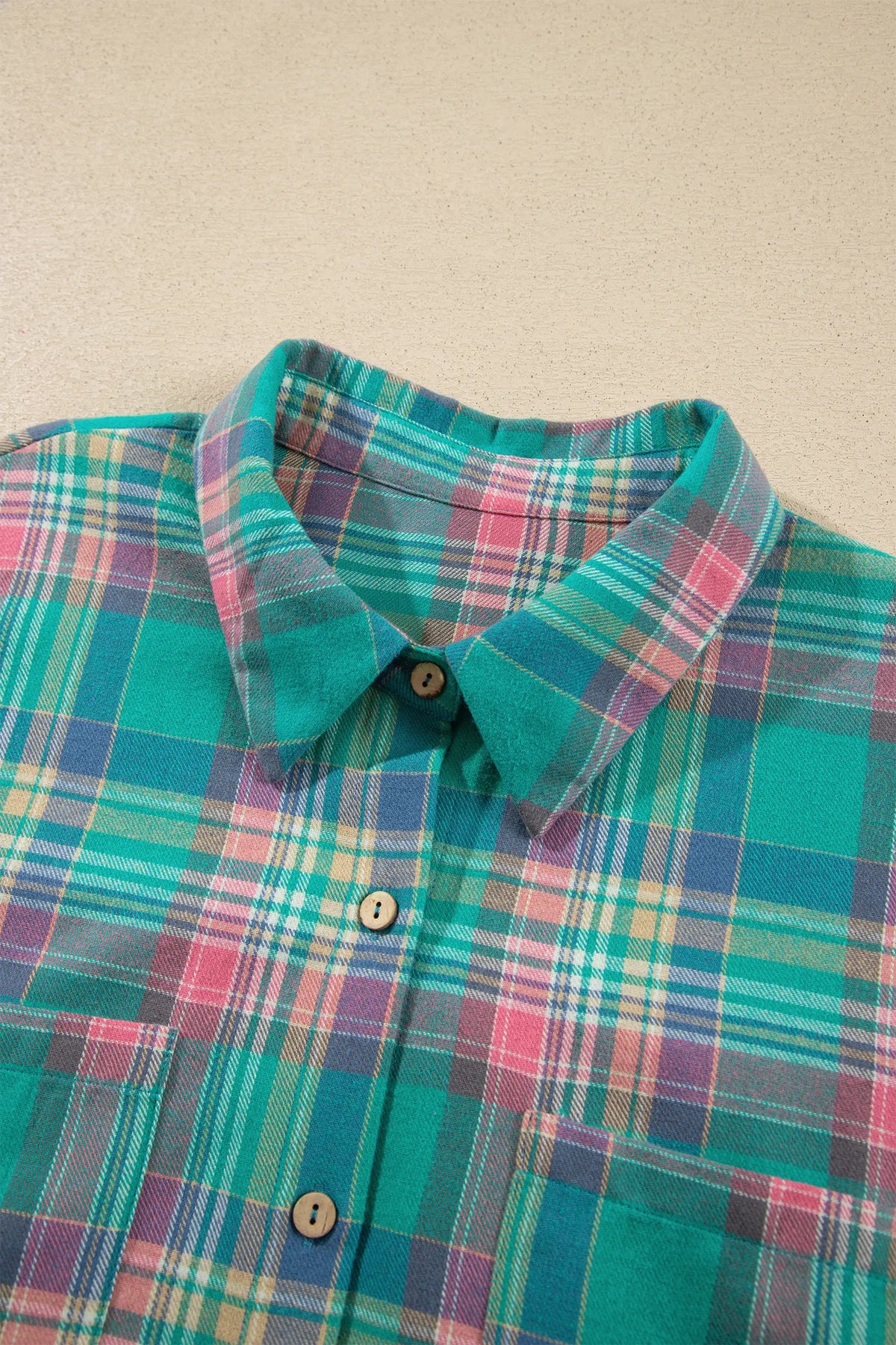 Plaid Button-Up Shift Long Sleeve V Neck Plus Size Dress – Green