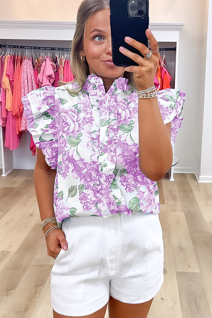 Floral Print Ruffle Sleeve Frilly Button Up Shirt