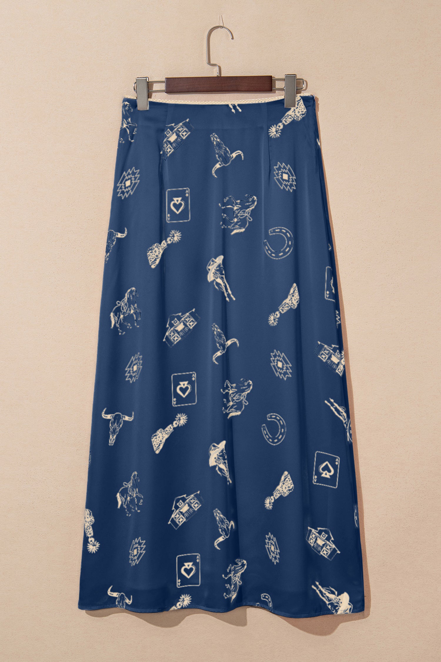 Navy Blue Western Print Satin Maxi Skirt