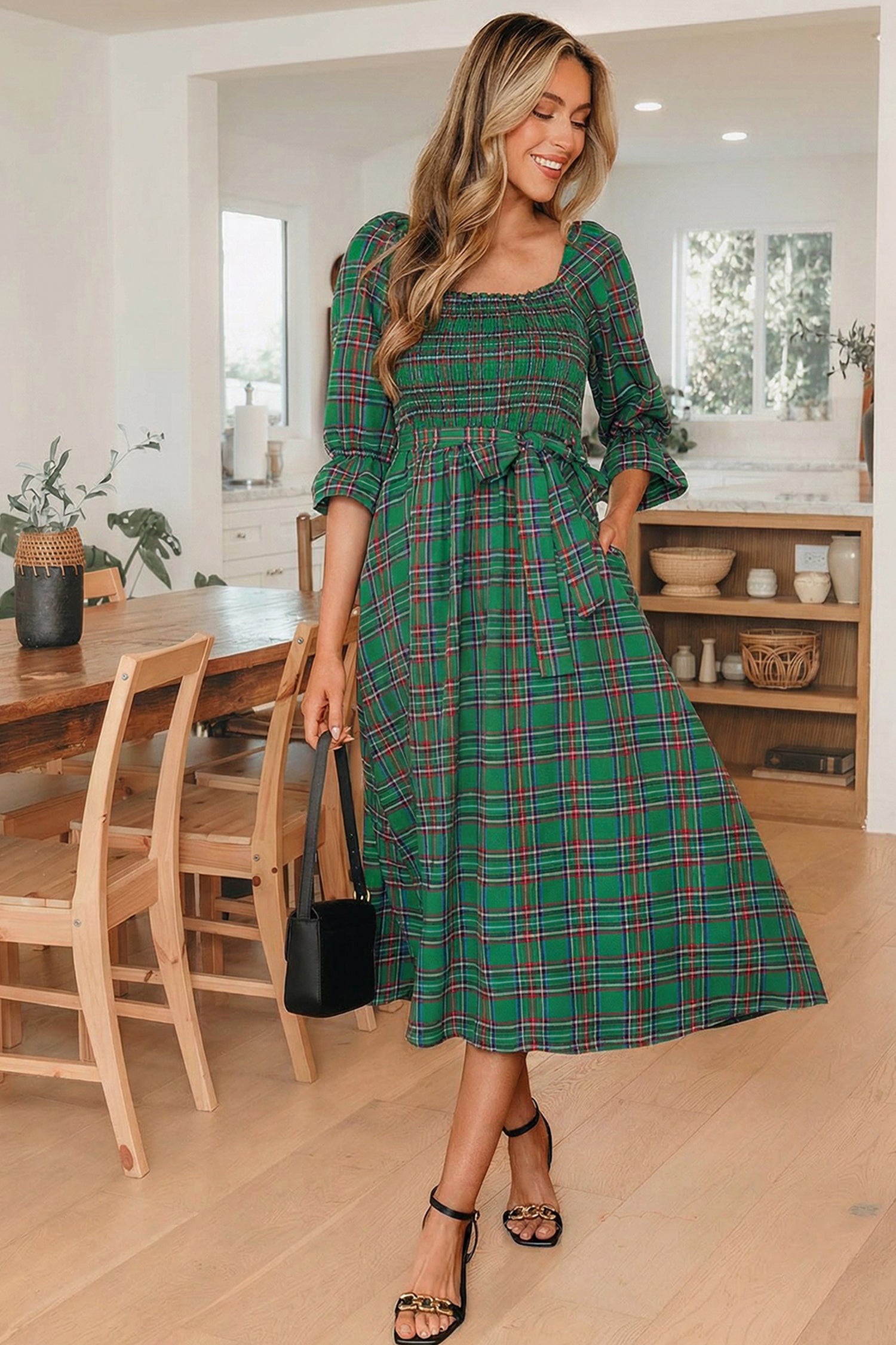 Tartan Plaid Square Neck Puff Sleeve Knot Waist Flared Midi Dress - Dresses/Midi Dresses