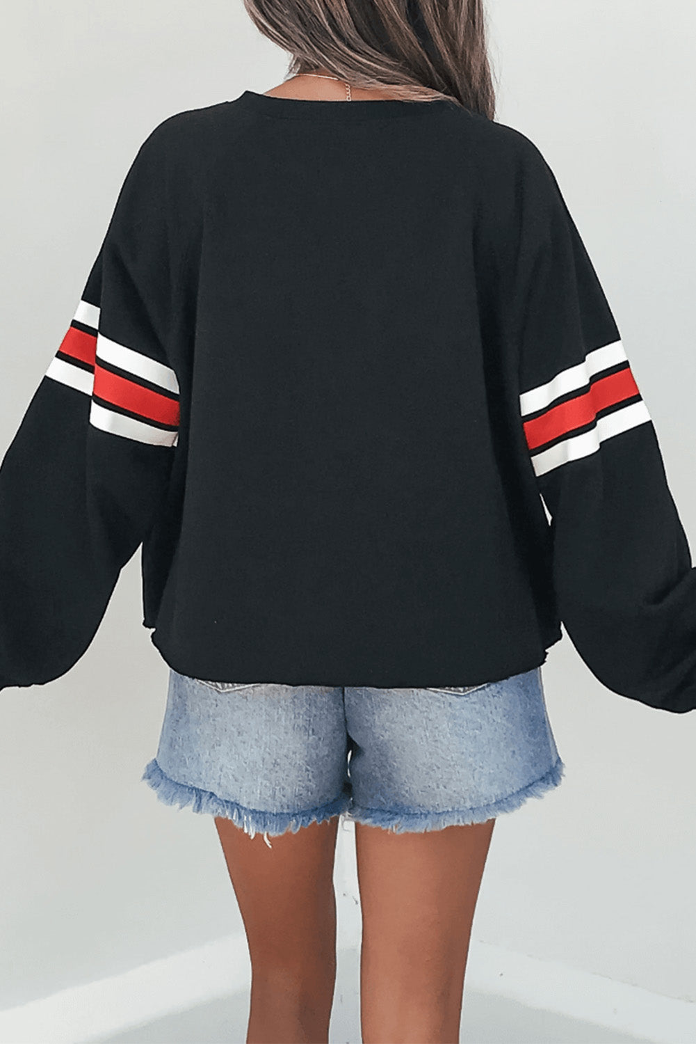Black Varsity Spirit Striped 89 Graphic Casual Sweatshirt eAura