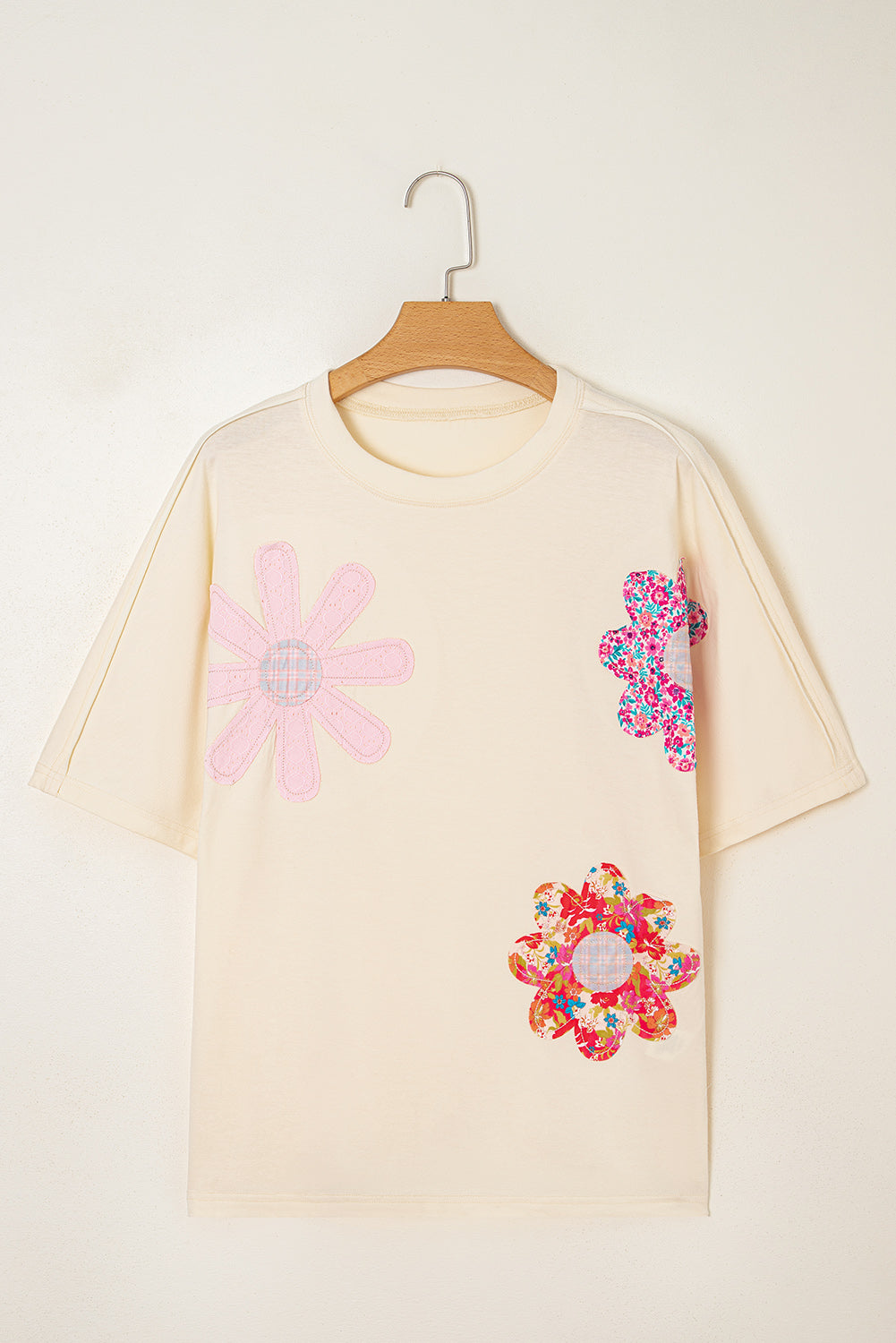 Apricot Flower Patched Exposed Stitching Trim Crew Neck Loose Tee eAura