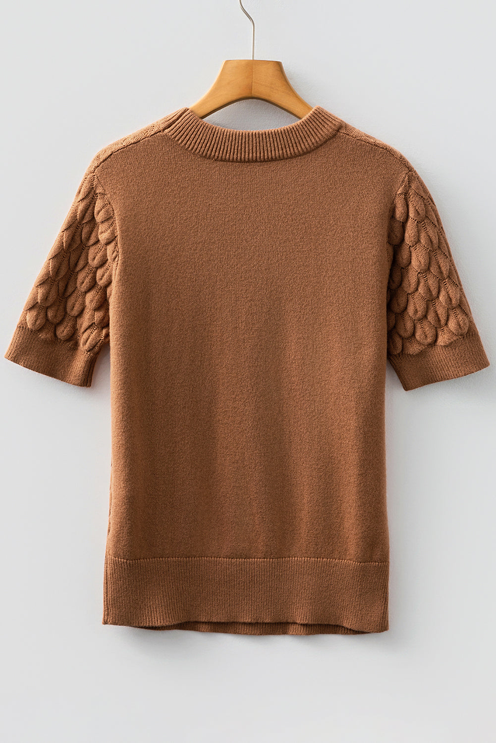 Fish Scale Textured Knit Ribbed High Neck Short Sleeve Sweater - eAura