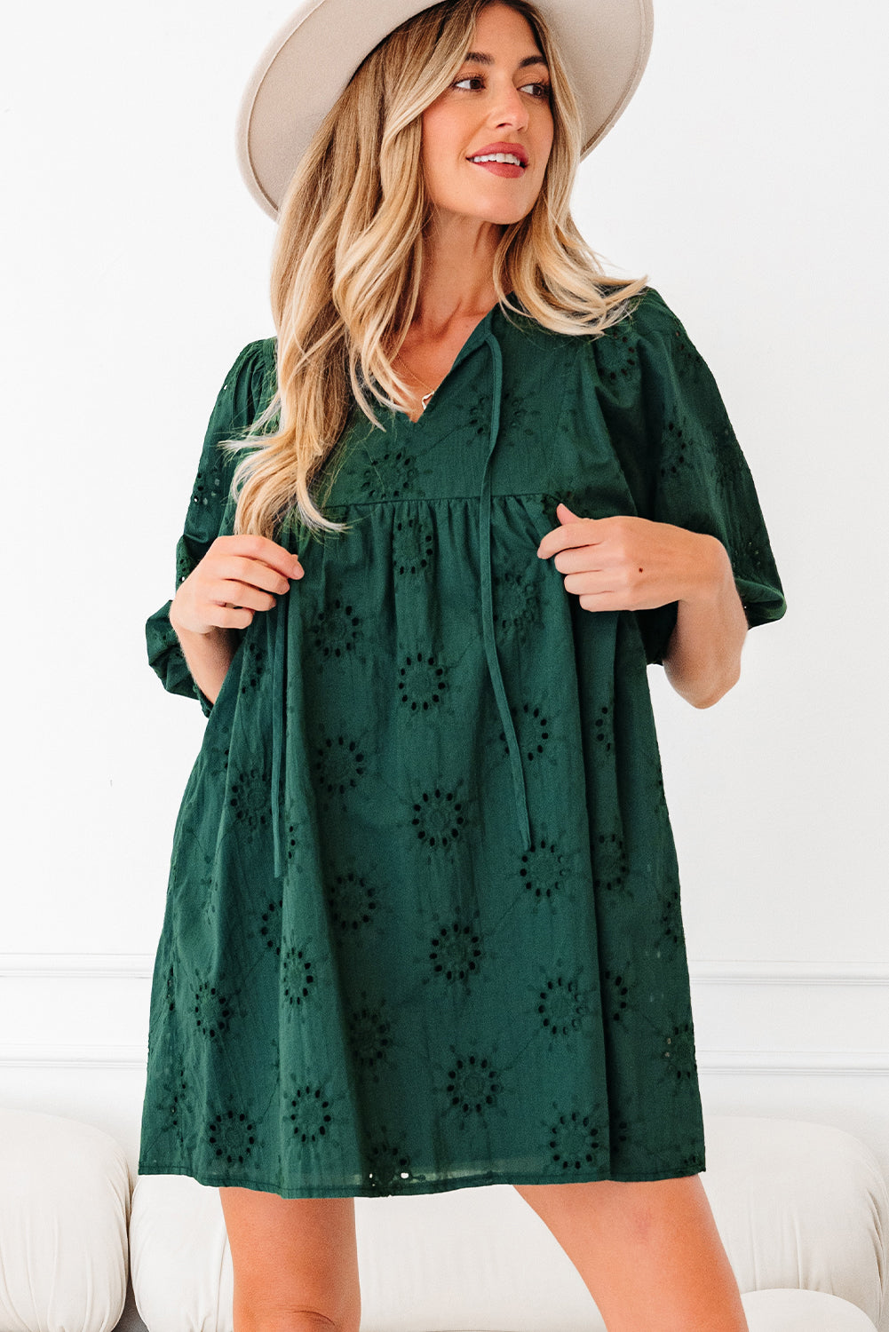 Embroidered Eyelet Pattern 3/4 Puffy Sleeve Swing Mini Dress - Dresses/Mini Dresses