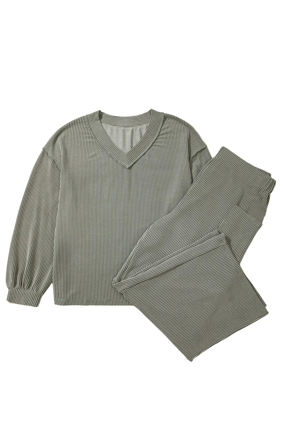 Twisted Ribbed Exposed Seam Detail V Neck Pullover Plus Size Pant Set – Four Leaf Clover