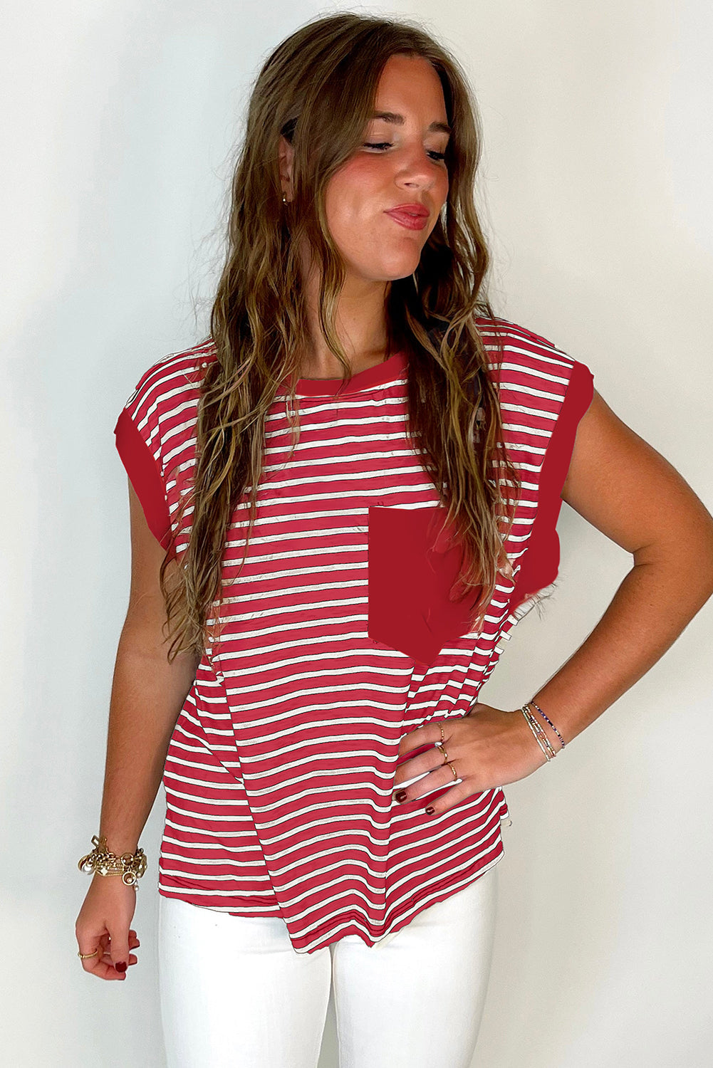 Red Stripe Chest Pocket Patch Round Neck Tank Top eAura
