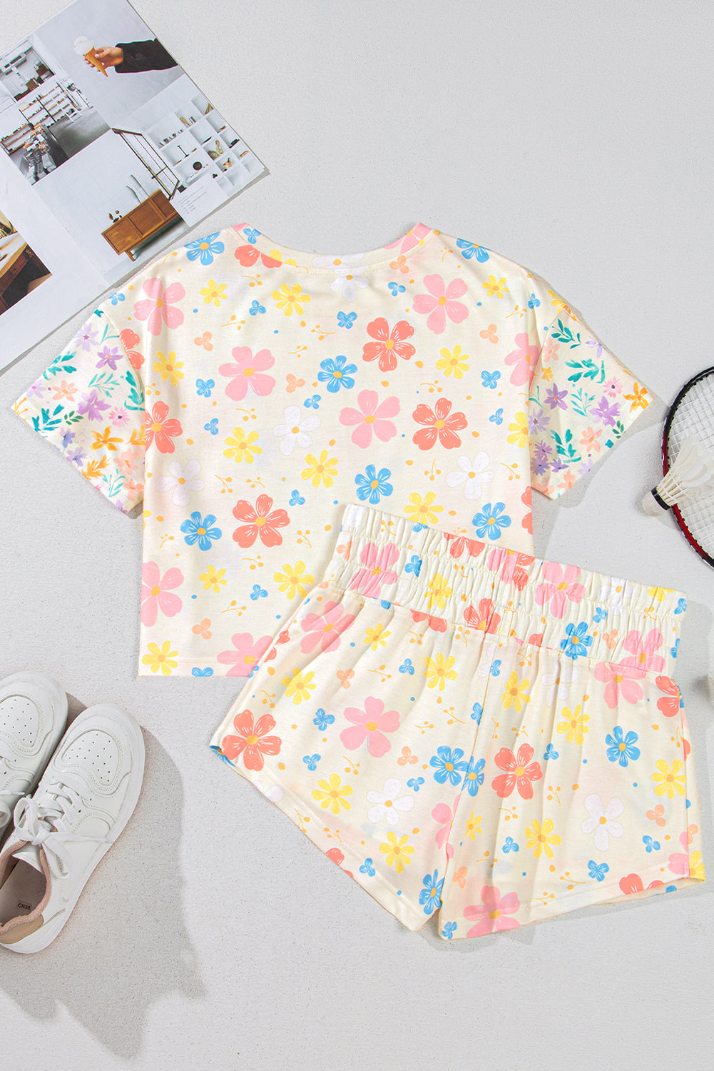 Apricot Floral Print Crop Top Wide Leg Short Set eAura
