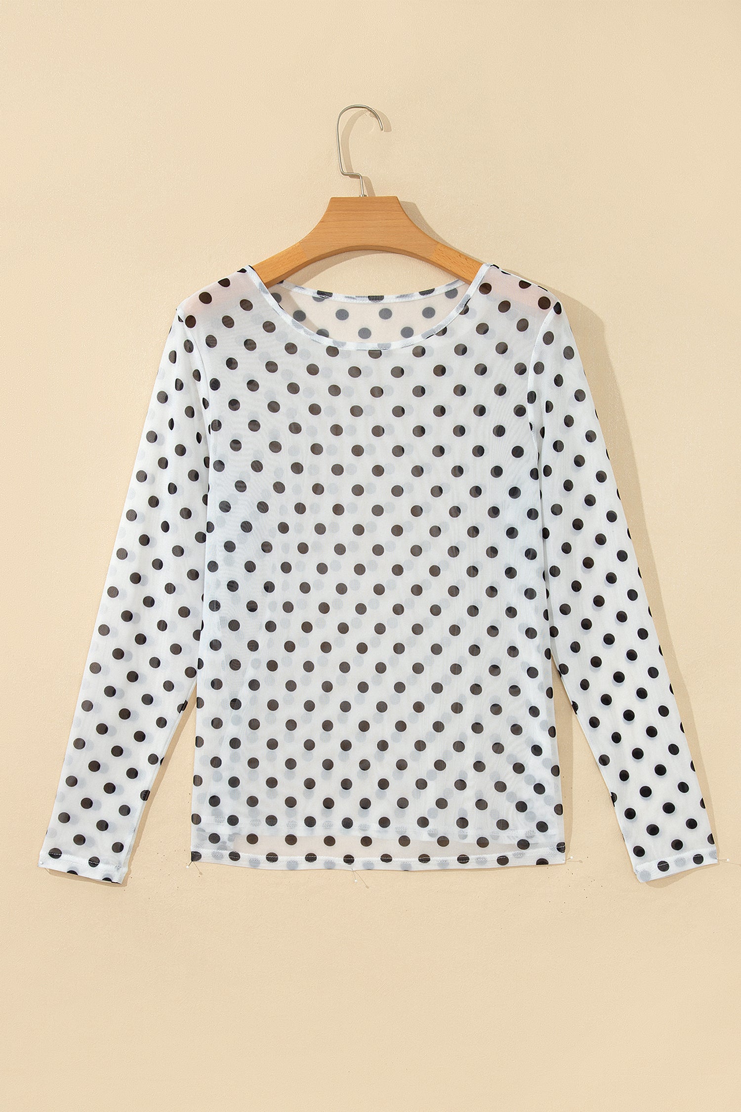 Polka Dot Sheer Mesh Long Sleeve Round Neck Shift Top – Black