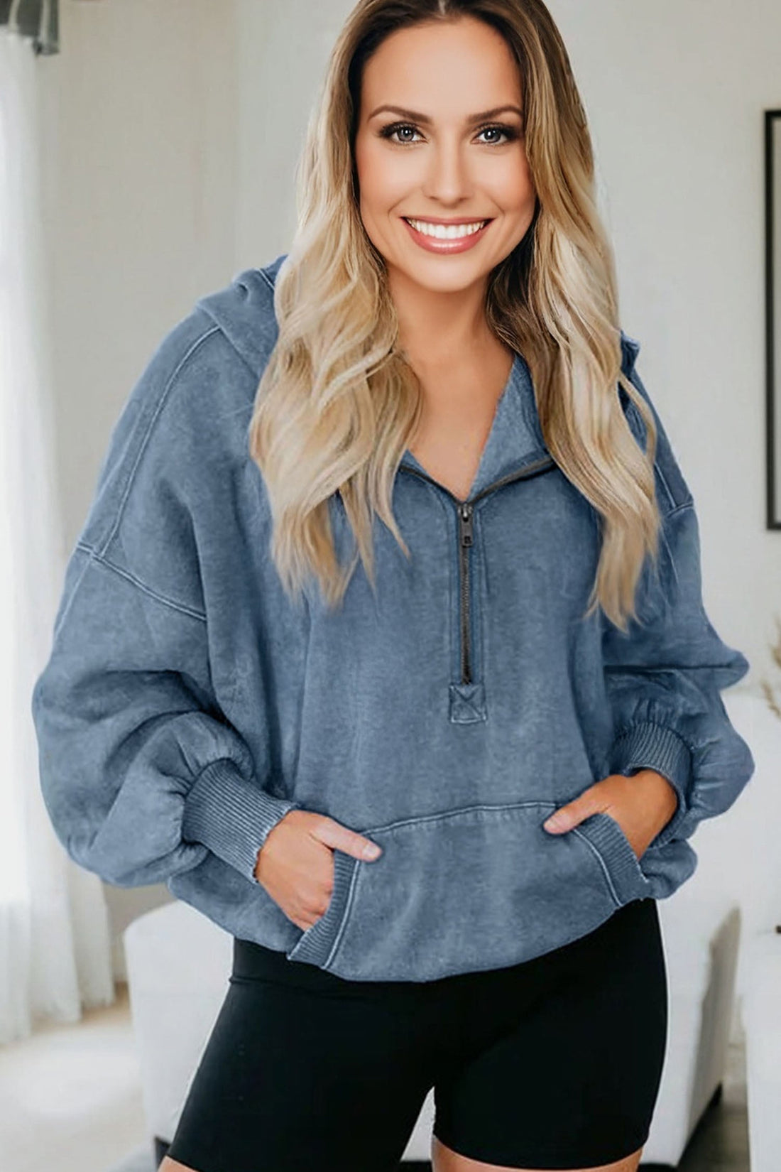 Half Zip Kangaroo Pocket Mineral Wash Baggy Hoodie - eAura