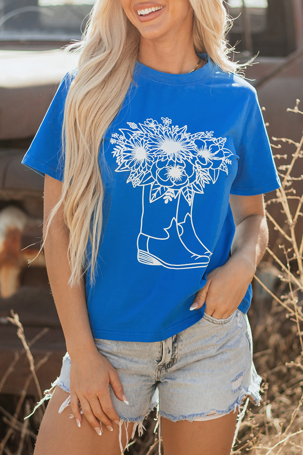 Blue Sunflower Boots Graphic Western Fashion T Shirt eAura