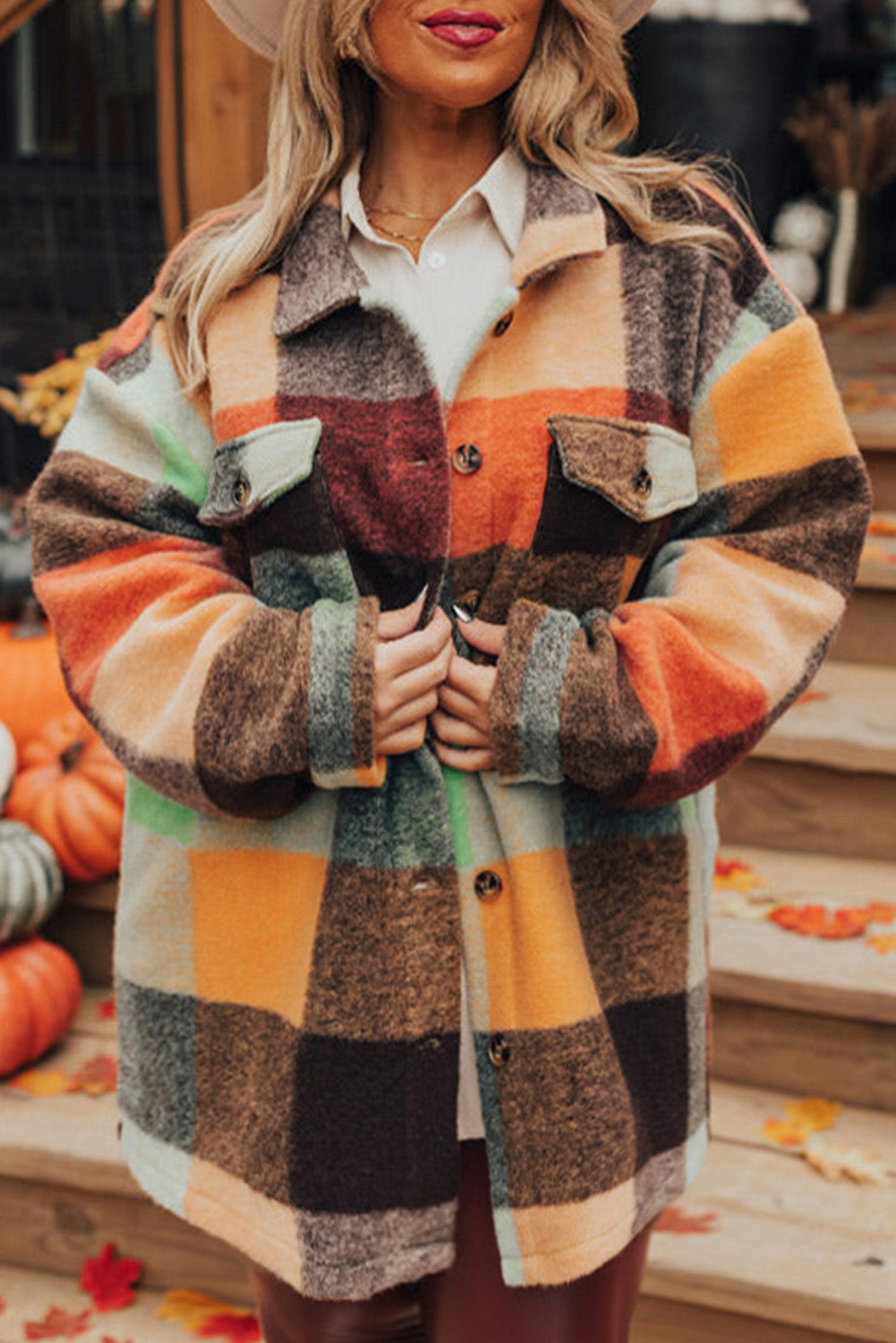 Orange Plaid Print Flap Pocket Long Jacket eAura