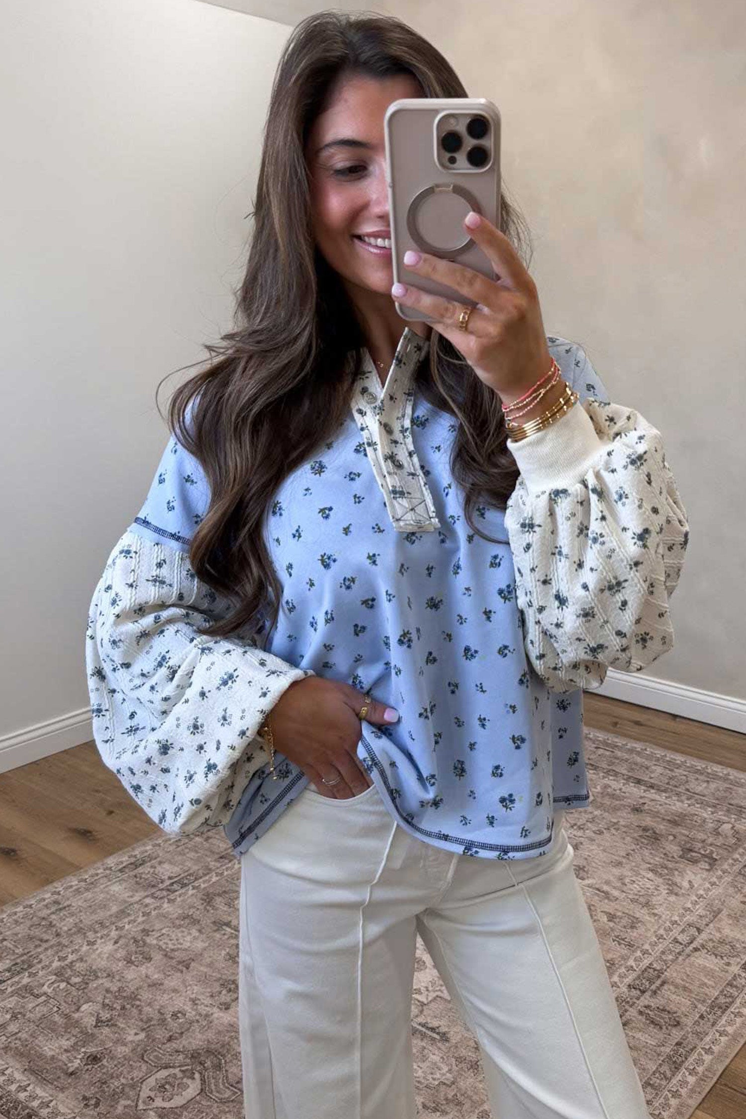 Sky Blue Floral Print Contrast Long Sleeve Tops – Light Blue