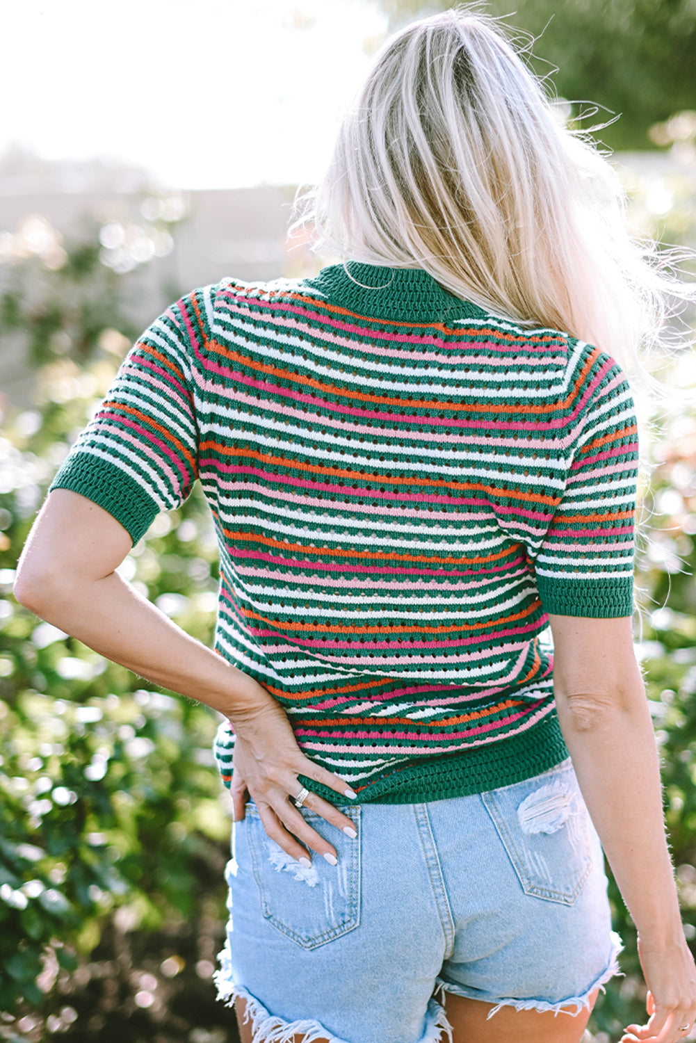 Dark Green Striped Pattern Contrast Trim Pointelle Knit T Shirt eAura